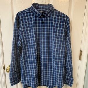 MIZZEN+MAIN Leeward No Tuck Dress Shirt –Navy Plaid Mens L Classic Fit